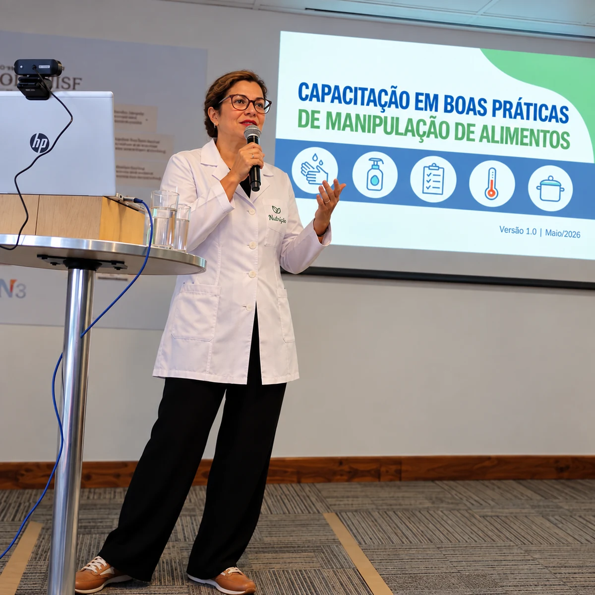 Profissional apresentando uma capacitação em Boas Práticas de Manipulação de Alimentos